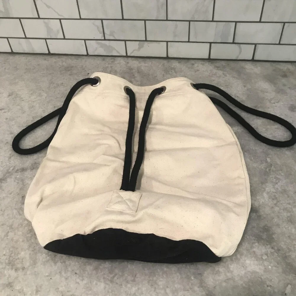 Lazy One Bear Essentials Canvas Drawstring‎ Backpack Bag Natural Black Tote